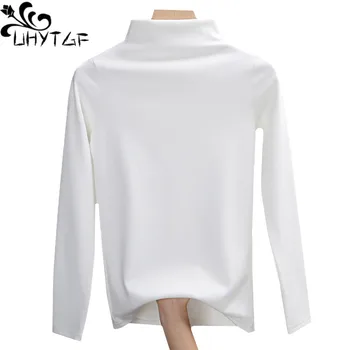 UHYTGF Toamna iarna t-shirt femei cu mâneci lungi slim gât înalt 4XL Mare dimensiunea blaturi de sex feminin Pulover de Bază în Interiorul haine groase 638