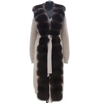 Lână Scurte Cardigan Lung de cașmir pulover Tricot de Toamna Iarna Femei Cu Real Blană de Vulpe Ornamente Complet Maneca