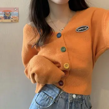 Tricotate Coreean Pulovere Cardigan Pentru Femei 2020 Maneca Lunga De Sus Tricotaje Supradimensionate Scurt Trunchiate Pulover Doamnelor Haine V Gâtului