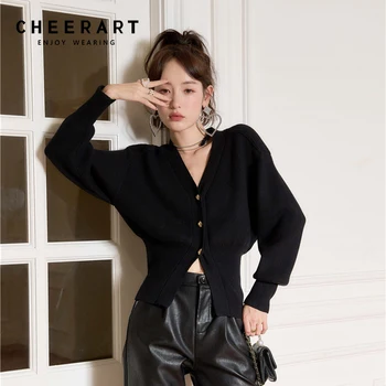 CHEERART Negru Felinarul Sleeve V Neck Cardigan Pulover Femei coreeană de Moda Tricotate Pulover Designer de Iarna Toamna anului 2021 Haine