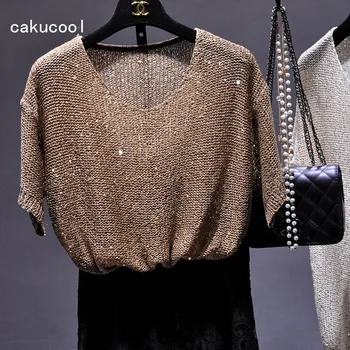 Cakucool Femei Sequin Top tricot Maneca Scurta Vara Pulover gold Lurex Bază Topuri coreean Liber Tricouri Casual Femme Kaki Negru