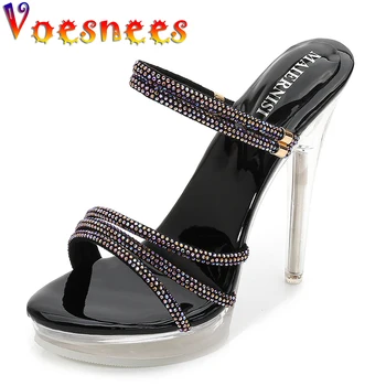 Voesnees Vara Cristal Sandale Papuci Femei Tocuri de 10CM Culoare Diamant Petrecere Sandale Club de noapte Platforma Țeavă de Oțel Pantofi