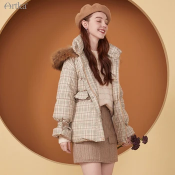 ARTKA 2020 Iarna Noi Femeile de Moda Sacou Carouri 90% Alb Rață Jos Haina de Blană de Raton cu Gluga Detasabila Îmbrăcăminte exterioară DK25107D