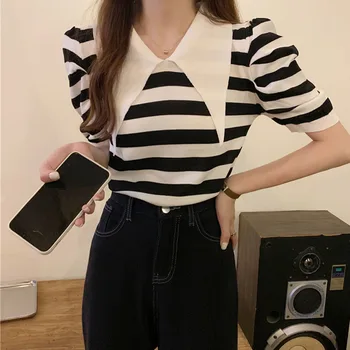2022-Coreean De Vară Pentru Femei Vintage Slim Tricouri Cu Guler De Turn-Down Mâneci Tricouri Casual Tricot Dungi Teuri Topuri