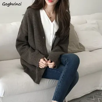 Pulovere Femei Toamna Solid Singur Pieptul Cardigan V-neck de Agrement Cald Liber Feminin Pulovere Tricot coreean Simplu Outwears Retro