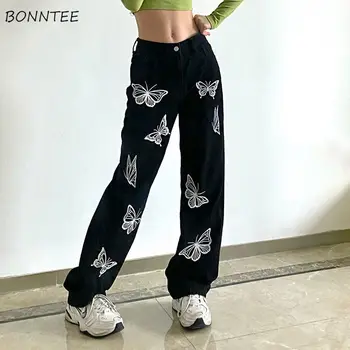 Blugi negri Femei Fluture-model Vrac de Agrement coreeană Stil Chic Trendy Cool BF Streetwear Populare Ulzzang de sex Feminin Jos Ins