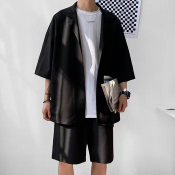 Stil coreean Barbati Set Costum Sacou și pantaloni Scurți Subțire Solid Short Sleeve Top Potrivire Fund de Vară de Moda de Îmbrăcăminte Supradimensionate Om