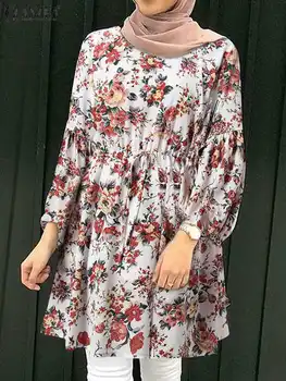 ZANZEA Boem Femei Spring Floral imprimat Musulman Bluza Maneca Plin O-Gât Lace-Up Abaya Hijab Tricou Elegant Casual Islamic