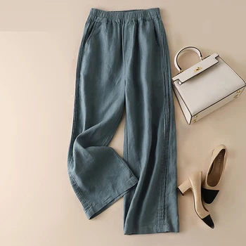 New Sosire Vară Stil de Arte Femei Talie Elastic Liber Glezna-lungime Pantaloni Vintage Lenjerie de pat din Bumbac Pantaloni Largi Picior Plus Dimensiune