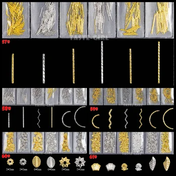 6Grids/Pachet 3D Argint Aur de Metal Mixte Răsucit Aplecat Bar Dungi Frunze de Unghii din Aliaj de Decoratiuni Manichiura Farmece Pietre
