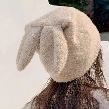 Femeile Kawaii Marionetă Urechi de Iepure Blană Pălărie de Iarnă Cald Tricotate Pălării de Lână Capac Fete coreene Bunny Ureche bonete chelioși căciuli