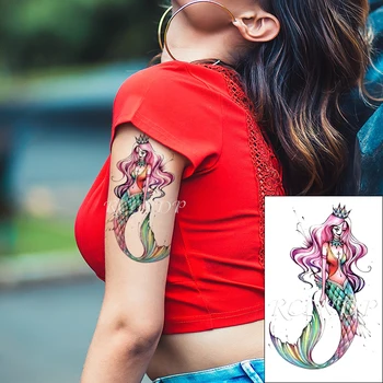 Impermeabil Tatuaj Temporar Autocolant de Culoare Sexy Sirenă Fată Părul Lung, cu Coroana Cruce Tatuaj Fals Flash Tatuaj pentru Femei Barbati
