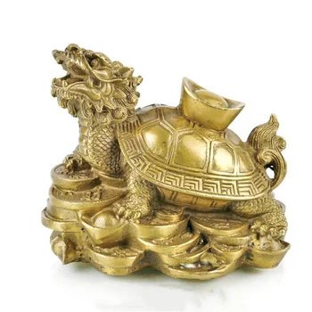 Chineză FengShui Alamă Avere Longevitate broasca Testoasa Dragon Pe Monede YuanBao Statuie de metal Set de artizanat