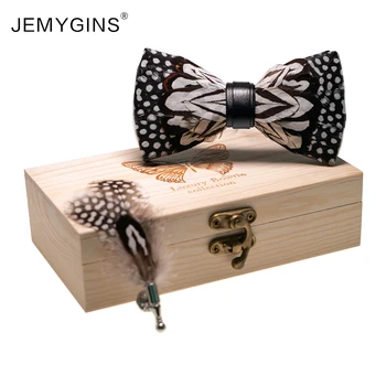 JEMYGINS design original Mens bow tie de mână de marcă pene Naturale papion alb Negru reglabil Gravata pin cutie cadou set