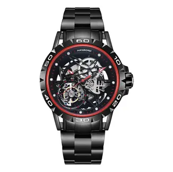 HANBORO ceasuri de om automată gol mișcarea ceas tendință negru tehnologie cool Luminoase rezistent la apa moda simplu bărbați Ceas