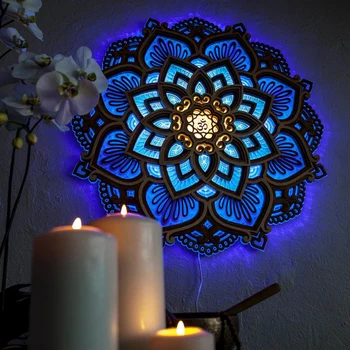Creativ Mandala Yoga Lumina de Noapte din Lemn, Montat pe Perete Multistrat Sculptate Lampă cu LED-uri Acasă Living Atmosfera Decor de Lumină