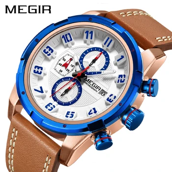 MEGIR Creative Cronograf Ceas Sport Barbati Piele Cuarț Ceas pentru Bărbați Ceasuri de mână Timp de o Oră Armată Militar Ceasuri de mana Relogios