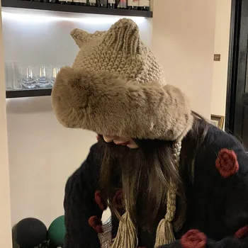 Minunat Urechi De Pisică Căciulă De Iarnă 2022 Noi De Iarna Cald 100% Manual Tricot Pălării Pentru Femei Rece Dovada Lei Feng Pluș Pufos De Lână Capac