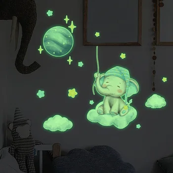Noi Luminoasă De Mic Elefant Luna Autocolante De Perete Copii Copil De Cameră Decor Dormitor Decor Acasă Strălucire În Întuneric Combinație Decalcomanii