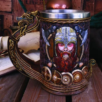 Drakkar Viking Tankard Cana din Otel Inoxidabil se Introduce 3D Rășină Nordic Odin Dumnezeu Cafea Halbe de Bere Ceașcă de Halloween, Cadou de Ziua 600ml