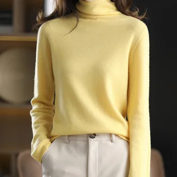 Femeii pulover pulover 100% lână pură de toamnă și de iarnă cu mâneci lungi vrac solid de culoare moale versatil tricotate bottom tricou