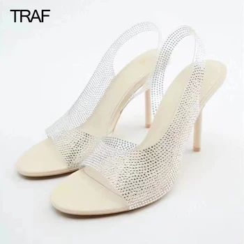TRAF 2022 Femei Sandale Transparente Sandale cu Toc Elegante Femei cu Toc Pantofi de Moda Sandale Clar Sandale cu toc Înalt