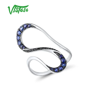 VISTOSO Reale 14K 585 Inel din Aur Alb Pentru Femei Spumant Blue Sapphire Black Diamond Liniar Edgy Amendă Unică de Bijuterii Trendy