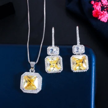 ThreeGraces Galbena Stralucitoare Cubic Zirconia Cristale de Culoare de Argint Cercei si Pandantiv Colier Set pentru Femei Bijuterii de Moda JS556