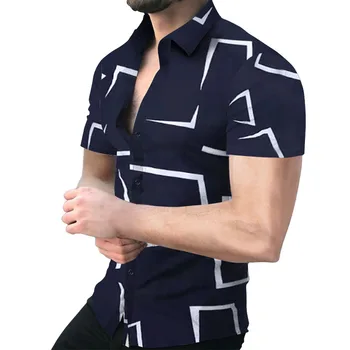 S-3XL Tricou Bărbați ' Geometrie Maneci Scurte Hawaiian Sociale Butonul Up Cardigan tricouri en-Gros Pieptul Singur Rever Tricou