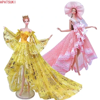 Aur Roz Handmade de Nunta Rochie pentru Papusa Barbie Costume de Haine Coada Lunga Petrecere Rochie de Jucarii pentru Copii de 1:6 Papusi Accesorii