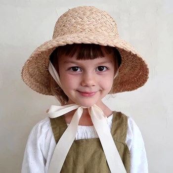 Copii de Mână-tricotate Rafie Retro Flat Top Pălării de Soare Fete Și Băieți de Vară de protecție Solară de Călătorie, Vacanta, Pălărie de Paie Cu Panglici S1161