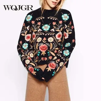 WQJGR 2022 Toamna Iarna cu Maneca Lunga pulover Pulover Femei O-gât Guler Broderie de Flori de Top Vrac Femeie coreean Pulover