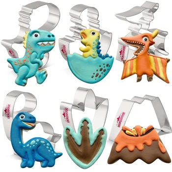 KENIAO Dinozaur Cookie-Cutter - Set 6 PC - T-Rex,Brontosaurus,Dinozaur Picior,Pterosaur, Vulcan și Dino Ou - din Oțel Inoxidabil