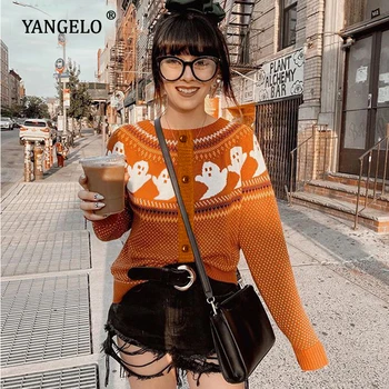 Yangelo Gotice cu Fantome Model de Cardigan Femei Haina Tricot Vrac Mâneci Lungi de Toamnă Caldă Iarnă de Moda Streetwear Fata Y2K Topuri