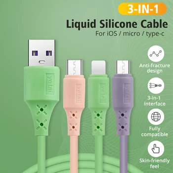 3-in-1 USB de Tip C Micro Cablu pentru iphone, Samsung, Xiaomi Moale Silicon Lichid care Curge prin Cablu Încărcare Rapidă Linie de Încărcare USB-C de Sârmă