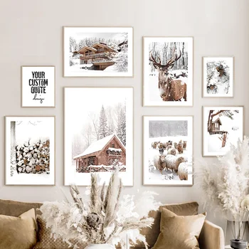 Iarnă Zăpadă Casa Din Lemn De Pin, Conuri De Ovine Cal Arta De Perete Panza Pictura Postere Si Printuri Poze De Perete Pentru Living Decorul Camerei
