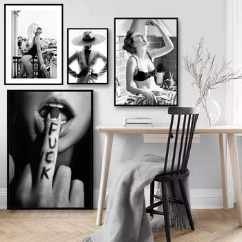 Negru și Alb-Fotografie Poster de Arta de Perete Panza Pictura Moda Lady Figura Imprimeuri Nordice Dormitor Imagine pentru Decor Acasă