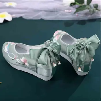Hanfu Pantofi Femei Tradițională Chineză Antică În Interiorul Spori Pantofi Plat Broderie Verde, Pantofi Nunta Hanfu Pantofi Pentru Femei