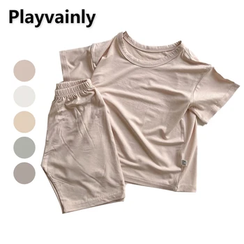 Coreeană Haine de Vară pentru Fată Băiat Seturi de Pijamale de Bumbac Culoare Solidă Mâneci Scurte Homewear Top+Pantaloni Copii, Pijamale E055