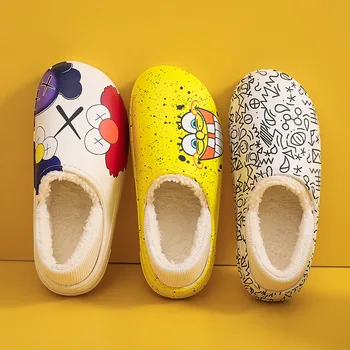 Anime Sponge Bob De Pluș, Papuci De Casă Kawaii Drăguț Graffiti Bumbac Papuci De Casă Îngroșat Non Alunecare Cald Acasă Cuplu Papuci De Toamna Iarna