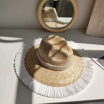 202106-Hexin noi de vara Handmade PAIE de moda pearl ribbon lady fedoras capac femei de agrement holiday beach jazz pălărie