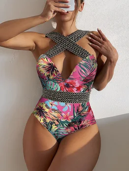 Noi O Bucată Florale Imprimate Body, Costume De Baie Sexy V-Neck Două Purta Bikini De Talie Mare Pentru Femei De Moda A Împinge În Sus Backless Beachwear