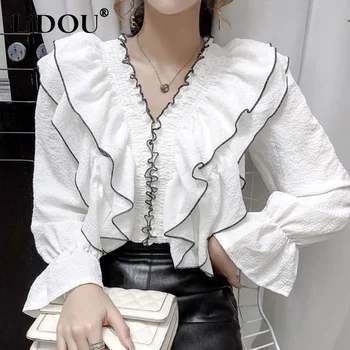 Primavara Toamna Coreeană Stil De Moda Elegant Volane Mozaic Pulover Camasa Femei Cu Maneci Lungi Doamnelor Bluza Oversized Blusas