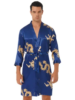 Mens Lungă Maneca Kimono-Halat de baie cu Centură de Noapte-Halat cu pantaloni Scurți Dragon Imprimate Satin cămașă de noapte Pijamale Două Piese de îmbrăcăminte de noapte