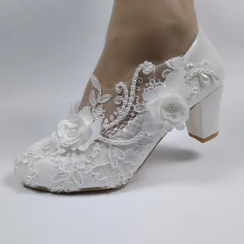 2022 New sosire Femei pantofi de mireasa Rochie de domnisoara de Onoare pantofi cu Toc Gros Med Pantofi cu Toc Dantelă albă pantofi de flori de sex feminin pantofi