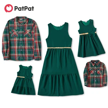 PatPat Familie de Potrivire de culoare Verde Închis Rochii fără Mâneci și Carouri bluze cu maneca Lunga Seturi