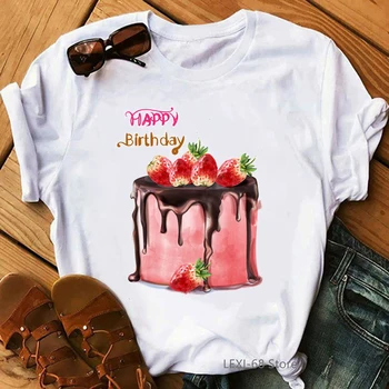 Tort de capsuni imprimate happy bithday tricou femei fete prieteni cadou topuri camasi amuzant t ' 90 00s tumblr tricou haine grafic