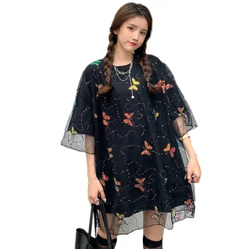 Vara Chic Harajuku Sequin Fluture Împletit Plasă de Top T-shirt Femei Casual Streetwear Supradimensionate Lungi Tricou Haine de zi cu Zi