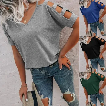 Femei Vara Noi Cusute Top Culoare Solidă 2022 Moda Hollow Mâneci Scurte Liber Casual Sexy V-Neck T-Shirt Confortabil