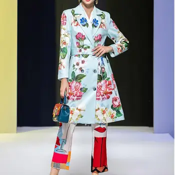 2021 Designer de Vara cu print Floral Vintage Strat Sacouri Femei maneca Lunga Centura Pieptul Singur Palton Casual
